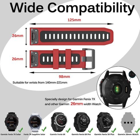 Miimall Compatible Garmin Fenix 7X/6X/5X Bands, 26mm Width Soft Silicone Sport Waterproof Wristband Strap Band for Garmin Fenix 7X Solar/Fenix 6X/Fenix 5X Plus 26mm quick-fit band in Saudi Arabia