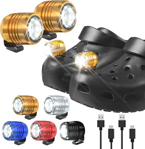 2 Rechargeable Headlights for Croc Charms, Flashlight Attachment Accessories Kids Girl Boy Women Men Sandals, Clip on Clog Headlamp Shoe Decoration Charms, Gold in Kuwait