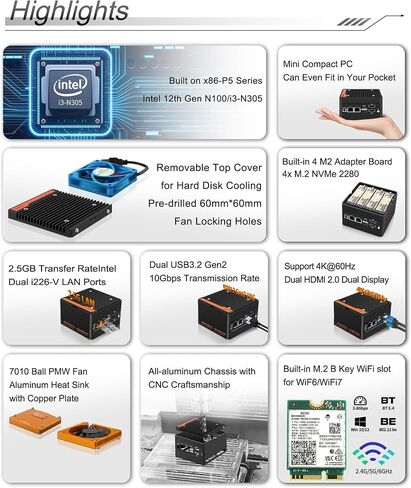 4-Bay NAS Mini PC with Dual 2.5GbE i226-v LAN Ports, 12th Gen N100 (Max 48GB DDR5), 4 M.2 NVMe 2280, Dual 4K, 2 USB 3.2 10Gbps Ports - Perfect for Micro Firewall Router/NAS (Green, Barebone) in Saudi Arabia