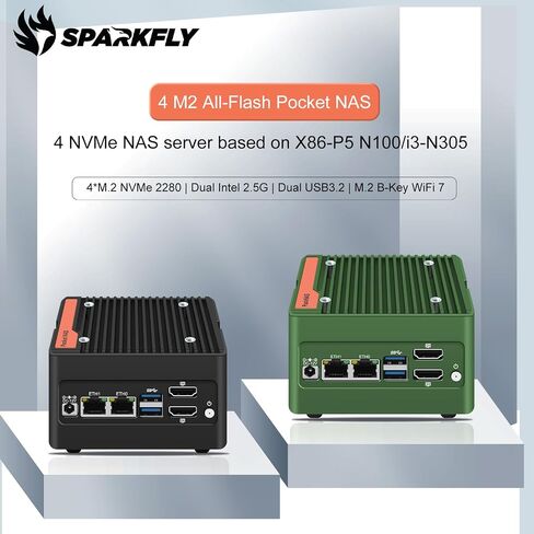4-Bay NAS Mini PC with Dual 2.5GbE i226-v LAN Ports, 12th Gen N100 (Max 48GB DDR5), 4 M.2 NVMe 2280, Dual 4K, 2 USB 3.2 10Gbps Ports - Perfect for Micro Firewall Router/NAS (Green, Barebone) in Saudi Arabia