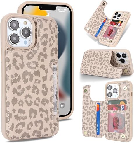 iCoverCase Compatible with iPhone 13 Pro Case with Card Holder, Wallet Phone Case for Women Men RFID Blocking PU Leather Protective Case 6.1 Inch (Beige Leopard) in Kuwait