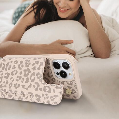 iCoverCase Compatible with iPhone 13 Pro Case with Card Holder, Wallet Phone Case for Women Men RFID Blocking PU Leather Protective Case 6.1 Inch (Beige Leopard) in Kuwait