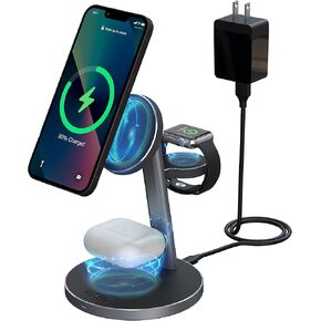 Magnetic Wireless Charger, 3 in 1 Aluminum Alloy Wireless Charging Station Mag-Safe Charger Compatible with iPhone 15/14/13/12 Series, Apple Watch, AirPods Pro/3/2 (Cable and Wall Charger Included)