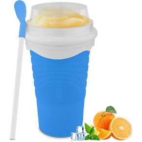 Slushie Maker Cup - Magic Slushy Maker Squeeze Cup, Portable Smoothie Squeeze Cup for Juices, Milk and Ice Cream Make, Double Layers Silica Cup with Lid & Straw for Friends, Family Gifts (WhiteBlue)