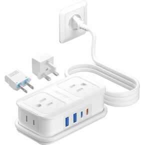 BESTEK European Travel Plug Adapter: - 4 Outlets 4 USB Ports (2 USB C) with 3.6FT Wrapped Short Extension Cord, Small Portable Desktop Charging Station, Compact for Hotel Travel Cruise Essentials