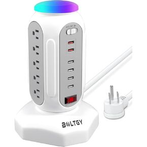 Flat Plug Total Fast Charging Station, Protector with 15 AC Outlets and 6 USB Ports (2 Fast Charge), Tower Surge Protector Power Strip, 6.5FT Extension Cord for Home Office Dorm Room.