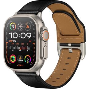 Compatible with Apple Watch Bands 49mm/46mm/45mm/44mm/42mm for Men Women, Top Grain Genuine Leather Band Strap for iWatch Ultra 2/1 Series 10 9 8 7 6 5 4 3 2 1 SE, Black/Black