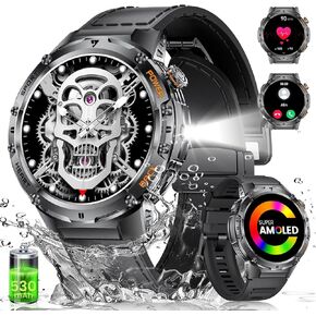 Military Smart Watches for Men with LED Flashlight(Answer/Make Calls),530mAh Large Battery,1.43’’ AMOLED,5ATM Waterproof Smartwatch for Android iOS,130+Sport Modes Heart Rate/Sleep Monitor Leather