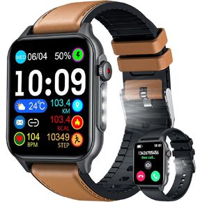 Smart Watches for Men Android iOS Phones: Smartwatch Men Black Leather Band Fitness Tracker Waterproof with Flashlight 1.96" Touchscreen Answer/Make Bluetooth Call Sport Heart Rate Sleep Alarm Timer