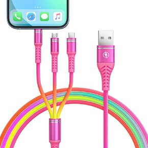 for USB Cable iPhone Charger Cord for iPhone 16 15 Plus Pro Max, 3 in 1 Multi Charging Cable for USB to USB C Micro USB iPhone Charging Cable with Rainbow Color for Samsung Galaxy S24 Android