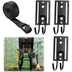 Treestand Strap Gear Hangers, 3 Metal Hooks Thick Strap Bow Hanger, Strap Hunting Gear Hanger, Multi-Hook Accessory Holder for Hunting, Tree Stand Strap Hangers, Great to Hang Backpack Saddle