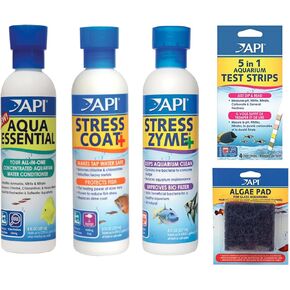 API Fish Room Essential Bundle 8oz. Includes Auqa Essential 8oz, Stress Coat 8oz, Stress Zyme 8oz, 5in1 Aquarium Test Strips and Handheld Algae Scrubbing Pad for Glass Aquariums.