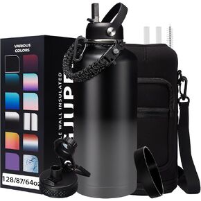 Half-gallon Insulated Water-Bottle with Straw - Stainless Steel Thermo Jug with Spout Straws Lids, Paracord Handle & Bottle Sleeve, 64OZ Vacuum Thermo Bottle for Outdoor Working Camping Trip