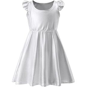 Girls Metallic Dress Kids Sparkly Shiny Dresses Flutter Sleeve Swing Dresses