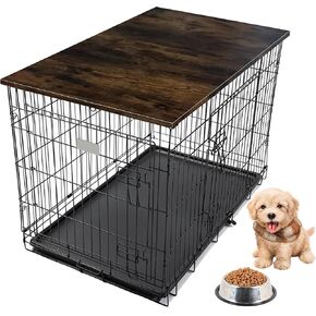 Skywin Dog Crate Topper Wood (Rustic) - 42 x 28 Inches Dog Crate Table Topper, Premium Dog Kennel Topper, Functional Pet Crate Furniture Table Dog Crate Accessories (Does NOT Include Dog Crate)