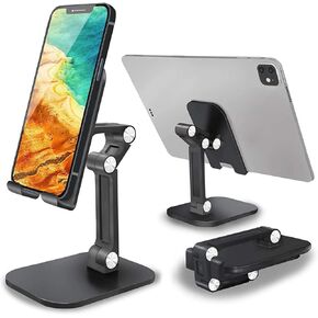 Adjustable Cell Phone Stand for Desk: Angle Height Adjustable Foldable Phone Holder with Anti-Slip Base Desk Phone Stand for Office, Compatible with iPhone 15 14 13 Pro Max XS 8 iPad, Black