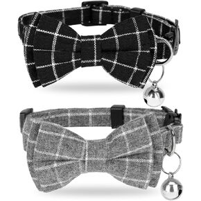 2 Pack Cat Collar Breakaway Kitten Collar with Bell and Bow Tie Adjustable Plaid Cat Collar Cute Safety Pet Collar for Cats and Small Dogs from 8-12In(Black, Gray)