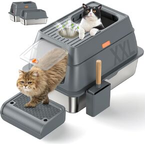 Stainless Steel Litter Box with Lid, XL Extra Large Litter Box for Big Cats, Enclosed High Sided Metal Litter Box, Three-Layer Design, Rejecting-Odor, Anti-Leakage, Included Spoon & Pedal