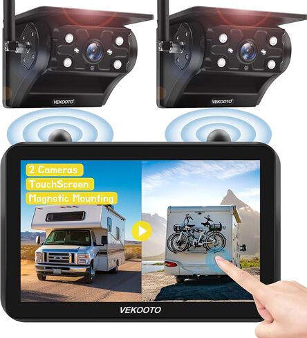 Magnetic Solar Wireless Backup Camera with 7'' IPS Touchscreen Monitor, Auto Sleep Mode, No Wiring, HD1080P Truck Trailer Hitch Rear View Rechargeable Camera for RV, Trailer, Camper VEKOOTO VK7-1 in Kuwait