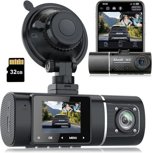 Dash Cam Abask، كاميرا Dash Cam أمامية وداخلية مع بطاقة SD 32G، كاميرا داش 1080P+1080P للسيارات، زاوية واسعة 310 درجة، رؤية ليلية WDR G-Sensor وقوف السيارات حلقة تسجيل كاشف الحركة in Kuwait