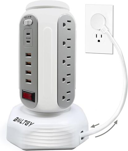 Flat Plug Total Fast Charging Station, Protector with 15 AC Outlets and 6 USB Ports (2 Fast Charge), Tower Surge Protector Power Strip, 6.5FT Extension Cord for Home Office Dorm Room. in Saudi Arabia