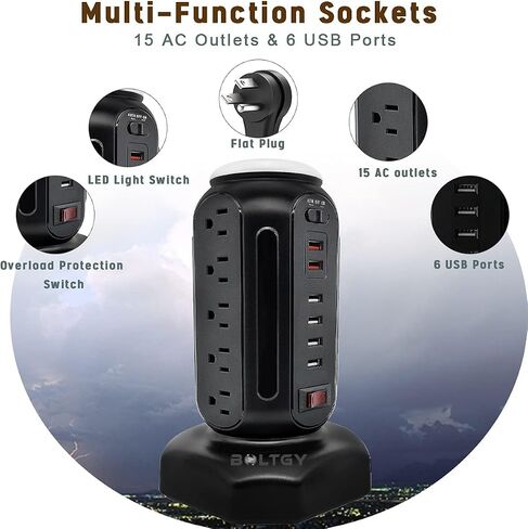 Flat Plug Total Fast Charging Station, Protector with 15 AC Outlets and 6 USB Ports (2 Fast Charge), Tower Surge Protector Power Strip, 6.5FT Extension Cord for Home Office Dorm Room. in Saudi Arabia