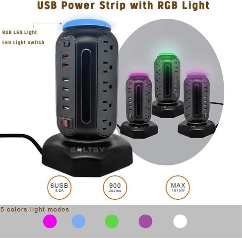 Flat Plug Total Fast Charging Station, Protector with 15 AC Outlets and 6 USB Ports (2 Fast Charge), Tower Surge Protector Power Strip, 6.5FT Extension Cord for Home Office Dorm Room. in Saudi Arabia