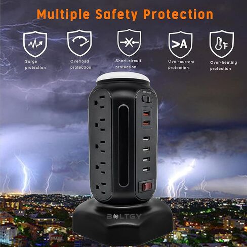 Flat Plug Total Fast Charging Station, Protector with 15 AC Outlets and 6 USB Ports (2 Fast Charge), Tower Surge Protector Power Strip, 6.5FT Extension Cord for Home Office Dorm Room. in Saudi Arabia
