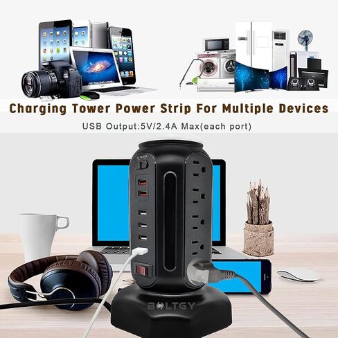 Flat Plug Total Fast Charging Station, Protector with 15 AC Outlets and 6 USB Ports (2 Fast Charge), Tower Surge Protector Power Strip, 6.5FT Extension Cord for Home Office Dorm Room. in Saudi Arabia