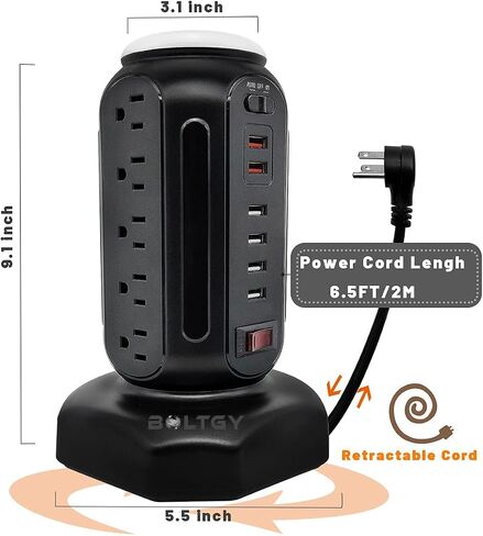 Flat Plug Total Fast Charging Station, Protector with 15 AC Outlets and 6 USB Ports (2 Fast Charge), Tower Surge Protector Power Strip, 6.5FT Extension Cord for Home Office Dorm Room. in Saudi Arabia