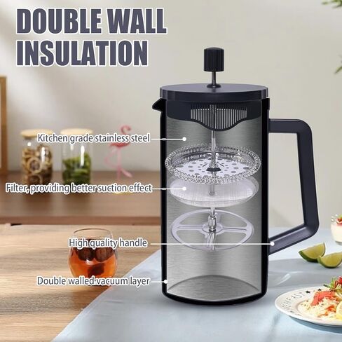 ماكينة صنع القهوة بالضغط الفرنسي 20 أونصة/600 مل، ماكينة صنع القهوة بالضغط الفرنسي من زجاج البورسليكات، 3 فلاتر، مقاومة لدرجات الحرارة العالية، درجة الطعام، ماكينة صنع القهوة، أسود ساطع in Kuwait
