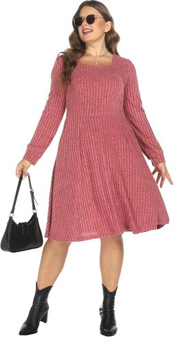 BEDOAR Plus Size Square-Neck Dress Long Sleeve Stretchy Comfy Casual Fall/Winter Dress with Pockets in Kuwait