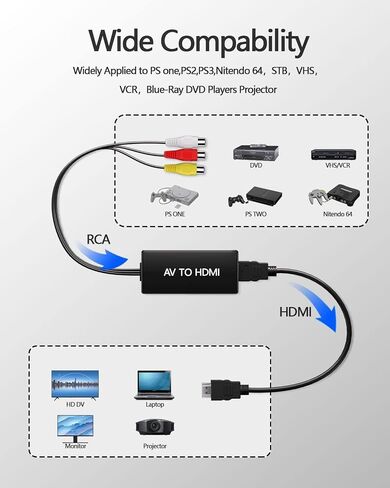 RCA to HDMI Converter, AV to HDMI Converter, 1080P Mini RCA AV Composite Video Audio to HDMI Converter Adapter Supporting PAL/NTSC for TV/Wii/PC/PS 123/ STB/Xbox/VHS/VCR/Blue-Ray DVD Players in Kuwait