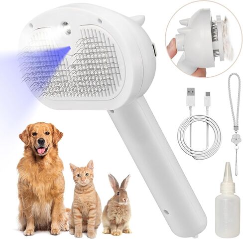 Pet Spray Hair Comb Brush for Shedding, 4 In 1 Steam Brush for Long & Short Haired Cat&Dog, Self-Cleaning Hair Remover with Water Tank And LED Blue Light, Release Button (White) in Saudi Arabia