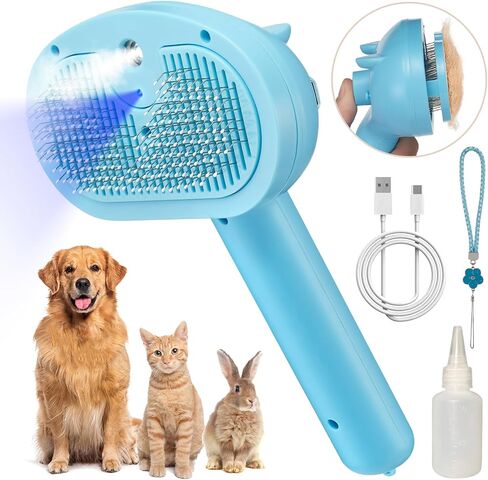 Pet Spray Hair Comb Brush for Shedding, 4 In 1 Steam Brush for Long & Short Haired Cat&Dog, Self-Cleaning Hair Remover with Water Tank And LED Blue Light, Release Button (White) in Saudi Arabia