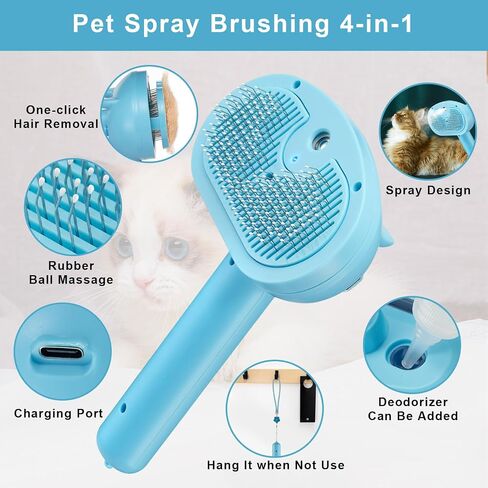 Pet Spray Hair Comb Brush for Shedding, 4 In 1 Steam Brush for Long & Short Haired Cat&Dog, Self-Cleaning Hair Remover with Water Tank And LED Blue Light, Release Button (White) in Saudi Arabia