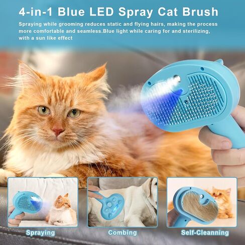 Pet Spray Hair Comb Brush for Shedding, 4 In 1 Steam Brush for Long & Short Haired Cat&Dog, Self-Cleaning Hair Remover with Water Tank And LED Blue Light, Release Button (White) in Saudi Arabia