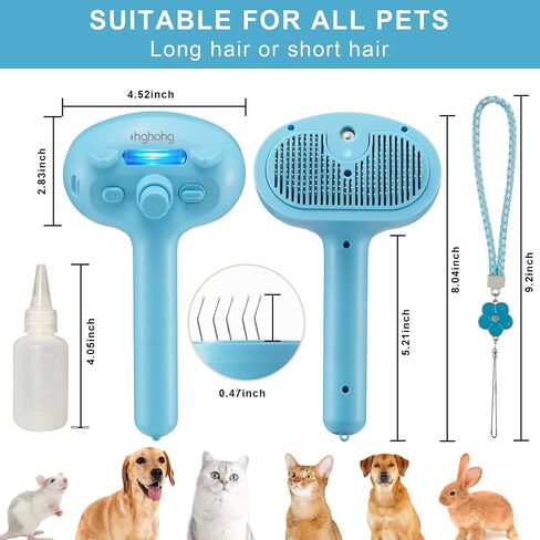 Pet Spray Hair Comb Brush for Shedding, 4 In 1 Steam Brush for Long & Short Haired Cat&Dog, Self-Cleaning Hair Remover with Water Tank And LED Blue Light, Release Button (White) in Saudi Arabia