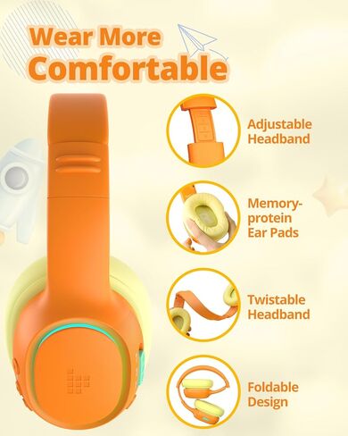 Tronsmart KH03 Kids Noise Cancelling Bluetooth Headphones, Safe Volume Control, Wireless Headphones with Light & Microphone, 70H Playtime, Built-in Audio Cable, for School/Travel/Airplane(Orange) in Kuwait