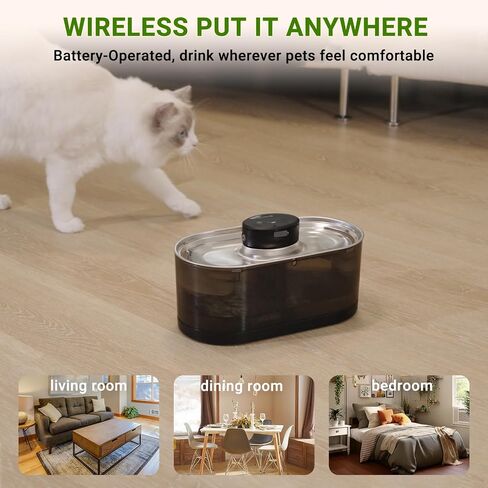 Battery Operated Cat Water Fountain Stainless Steel, 3.0L/101oz Wireless Pet Water Fountain for Multiple Cats Inside, Drinking Dispenser with Quiet Pump, White, BPA-Free with 6 Filters in Saudi Arabia