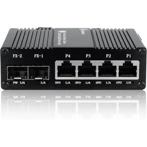 Industrial 6 Port Umanaged Ethernet Switch, Network Switch, 4x Port RJ45 10/100/1000BASE-T + 2 Gigabit SFP Slot 1000Base-X, Plug & Play, Din Rail or Wall Mount, AC 85V~250V wide voltage input