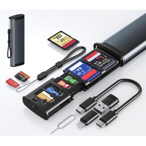 SD/TF Card Reader Bulid 4*TF 2*SIM 3*SD Card Slot with C to C Cable and Lightning/USB3.0 Adapter - High Speed SD/TF Card Carrying Case Holder USB 3.0 Adapter Card Reader for iPhone Camera and Computer
