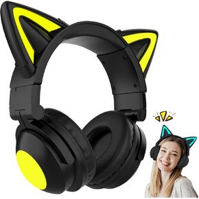Cat Ear Bluetooth Headphones,Over Wired Ear Headphones with Built-in Mic,Foldable LED Wireless Headset,Cute Headphones for Kids, On-Ear Wireless Headphone Compatible with Phone/PC/Tablet/TV(Black)