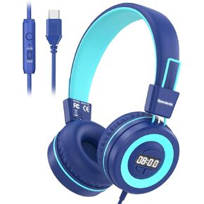 USB-C Kids Headphones with Digital Timer, 85/94dB Volume Limit Portable Headphones for Kids, HD Stereo Sound, On-Ear Headset with Microphone for Toddler Classroom Study Tablet(Blue)