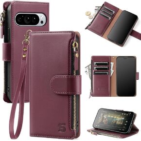Compatible with Google Pixel 9a Wallet Case with Card Holder,Women Men RFID Blocking PU Leather Flip Cover Wrist Strap Zipper Credit Card Slots,Phone Case for Pixel 9a 6.3",Wine Red