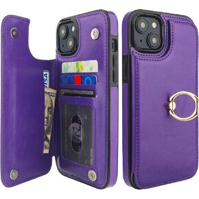 for iPhone 15 Plus Wallet Case with Card Holder, 360° Rotation Ring Kickstand RFID Blocking PU Leather Double Magnetic Clasp Shockproof Cover for Women and Girls 6.7 Inch (White)