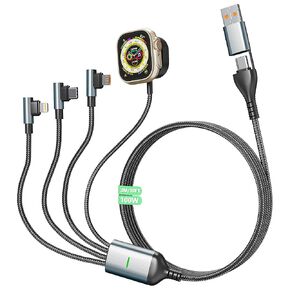 100W Multi Charging Cable for Apple Watch Charger, 4 in 2 USB C/A Fast Charging Cable 90 Degree Nylon Braided Universal Portable Travel Charger Cord for All iWatch/iPhone 16 15 14/Galaxy/Android-10FT