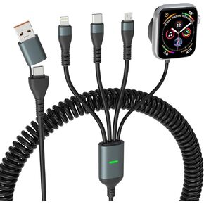كابل شحن متعدد ملفوف 4 في 2 USB C لساعة Apple - كابل USB A/C متعدد 100 واط لساعة Apple ملفوف مع شاحن سفر Lightning/USB-C/Micro USB لسلسلة iWatch/Ultra/SE/iPhone16/15/14/Galaxy in Kuwait