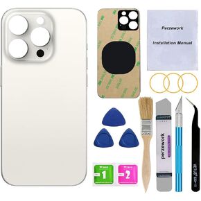 OEM Rear Back Glass Replacement for iPhone 15 Pro 6.1-inches with Reparing Tool Kit and Pre-Installed Adhesive (White Titanium)
