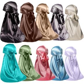 ForceWave 10 Pieces Silky Durags Long Tail for Women Men Satin Durag 360 Wave，Dorag, 10 Colors